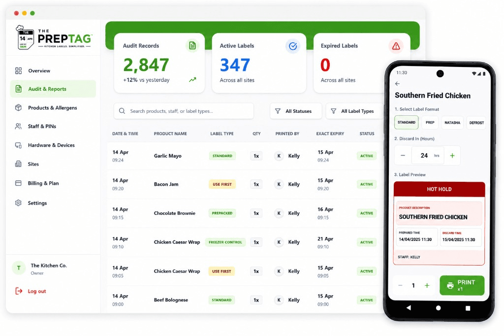The Prep Tag dashboard and mobile kitchen label printing application