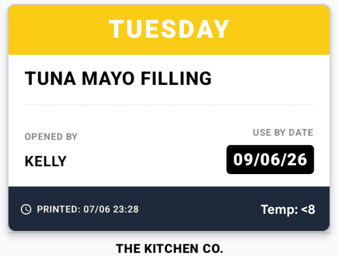 Day date label for tuna mayo filling with use-by date and temperature