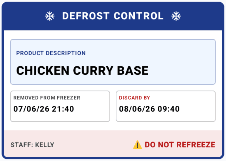 Defrost Control label for chicken curry base with do not refreeze warning