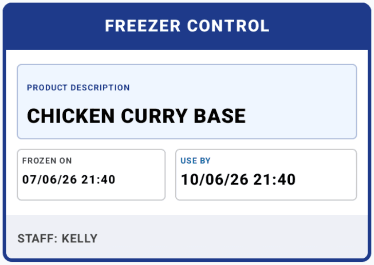 Freezer Control label for chicken curry base with frozen and use-by dates