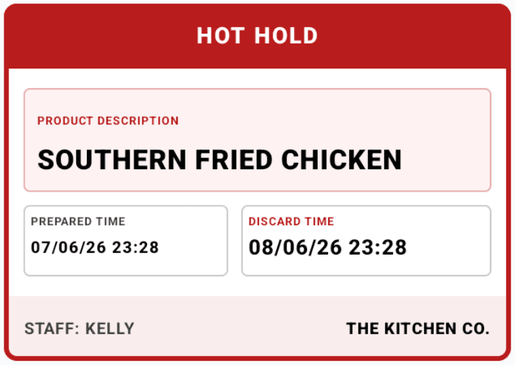 Hot Hold label for southern fried chicken with prepared and discard times