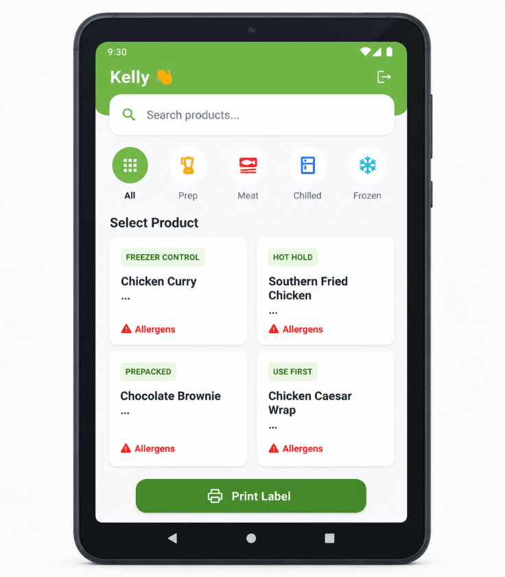 Print & Stay Compliant — Generate accurate food labels with complete traceability and audit history.
