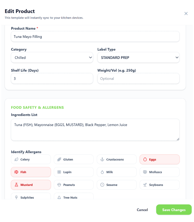 Build Your Product Library — Create products, recipes, allergens and label templates from your management dashboard.